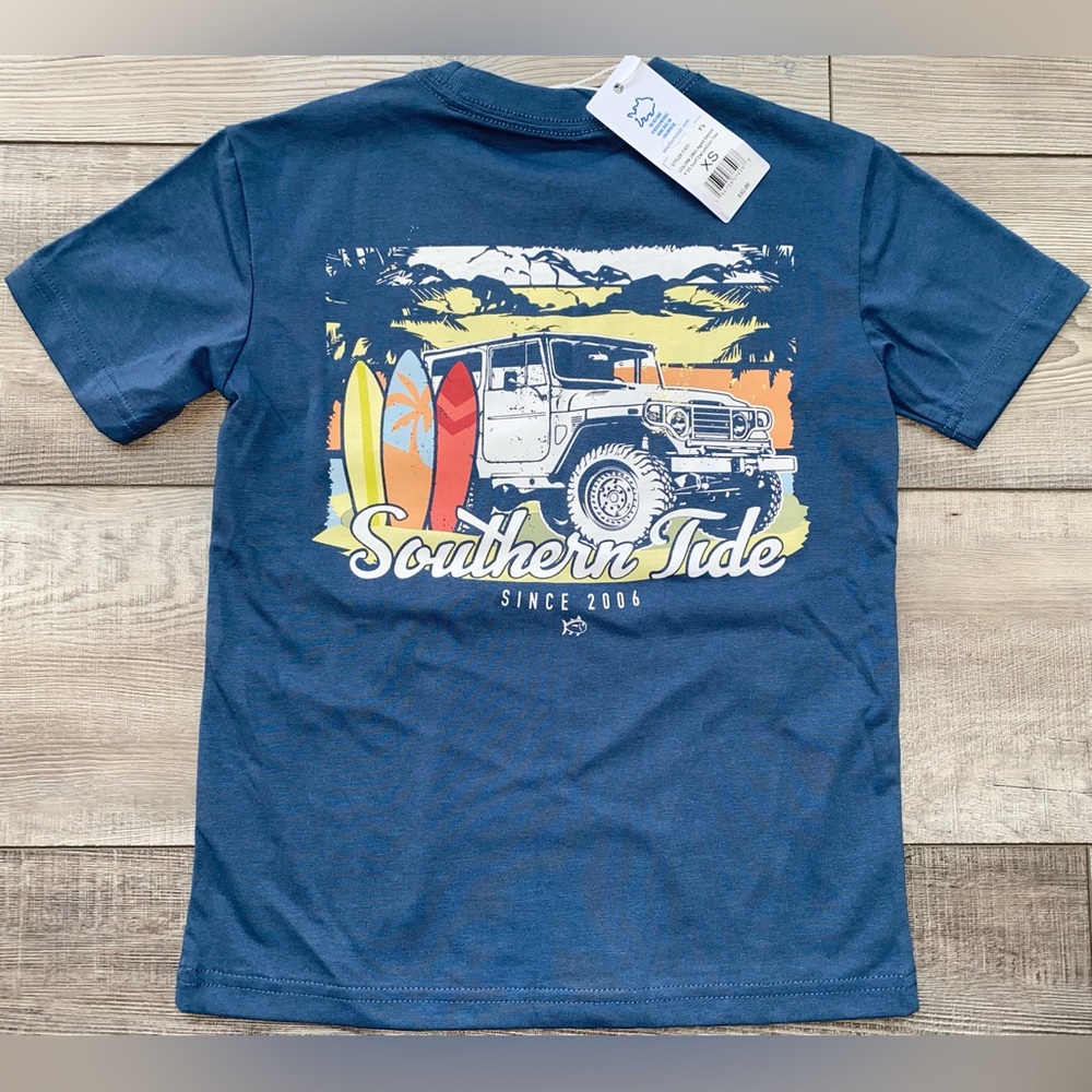 NWT Southern Tide Kid’s Y Surf Board Excursion Tee Aged Denim Jeep Beach Tee XS